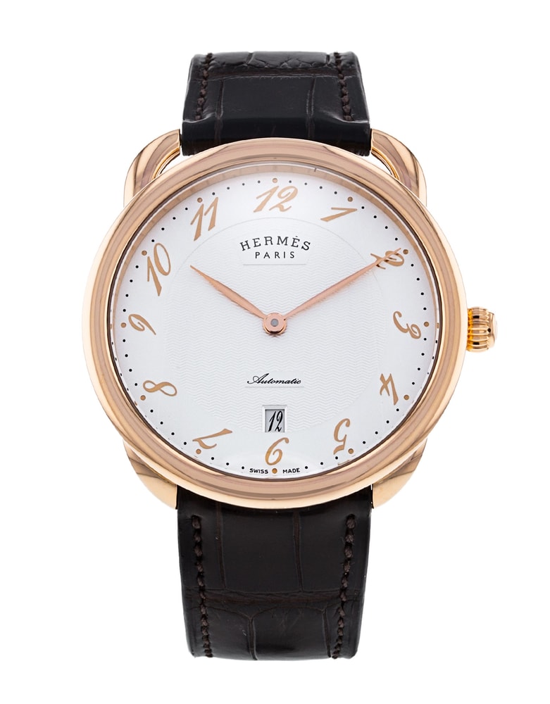 Hermes Arceau Silver Arabic Dial Leather Strap