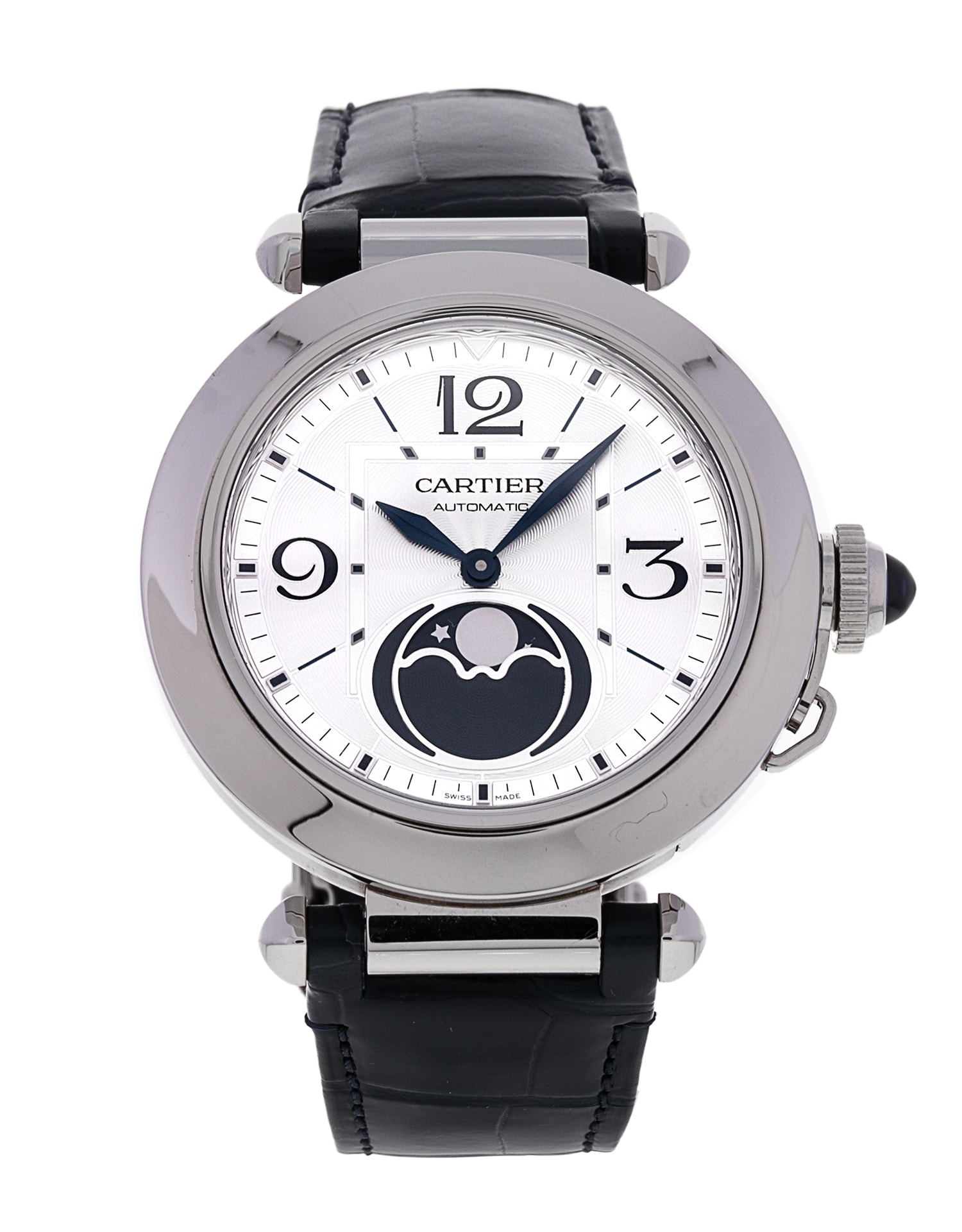 Cartier Pasha Silver Quarter Arabic Dial Leather Strap