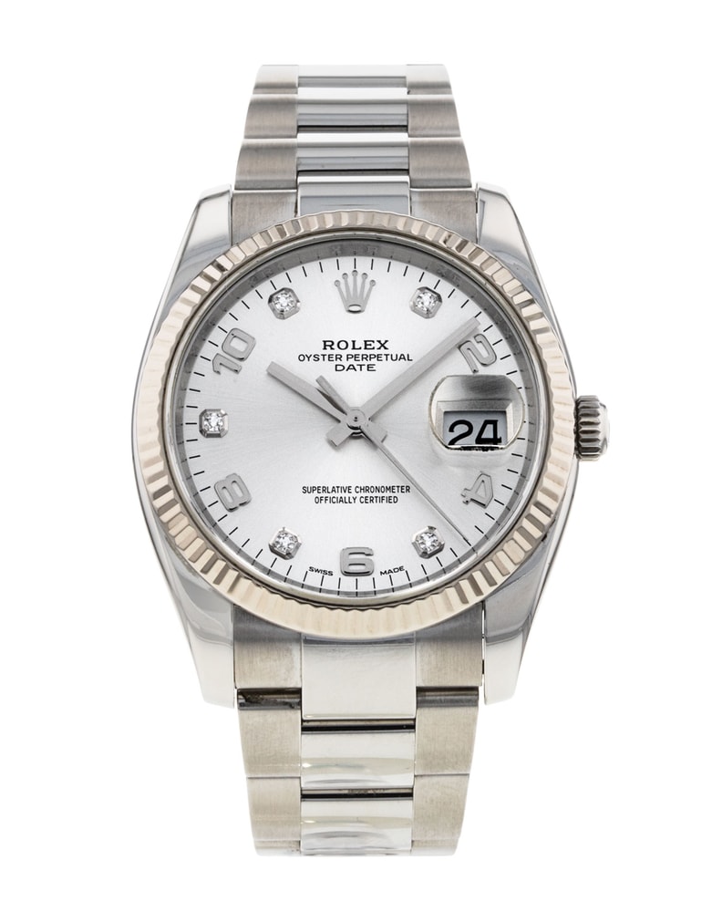 Rolex Oyster Perpetual Date Silver Arabic Diamond Dial