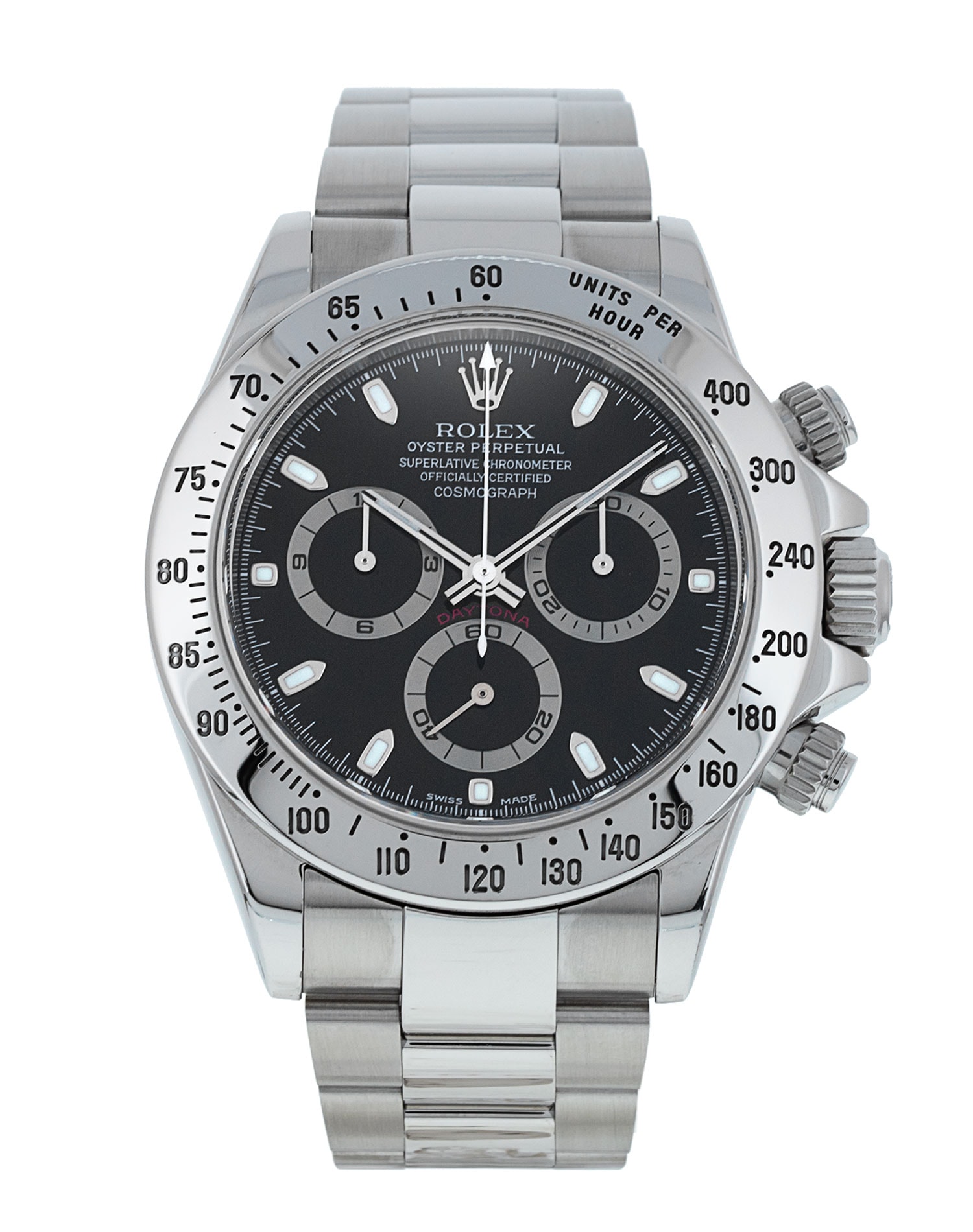 Rolex Cosmograph Daytona Watch 116520 BKSO Black Silver Dial Oystersteel Case Engine Turned Bezel Oystersteel Oyster Bracelet