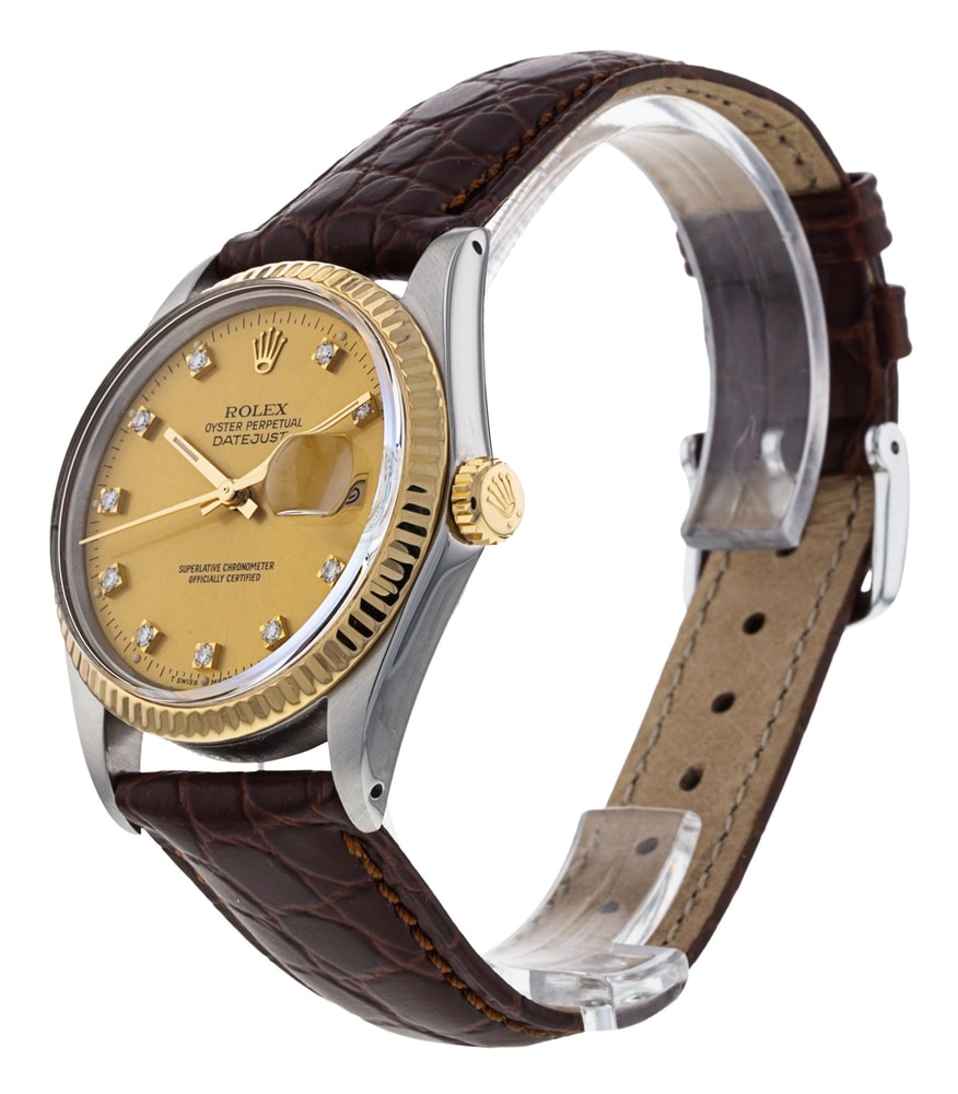 Rolex Datejust Champagne Diamond Dial Leather Strap