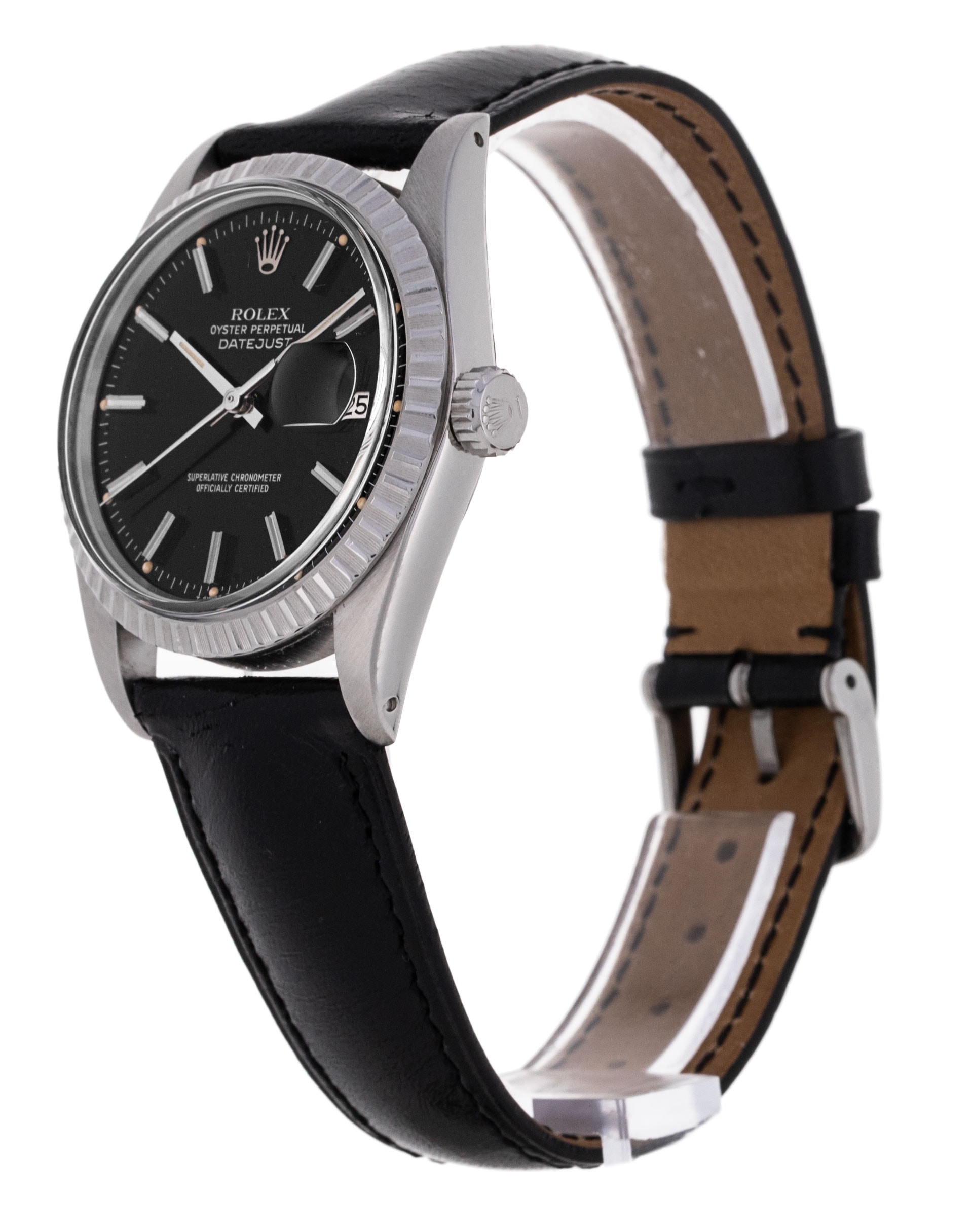 Rolex Datejust 1603 Black Baton Dial Leather Strap