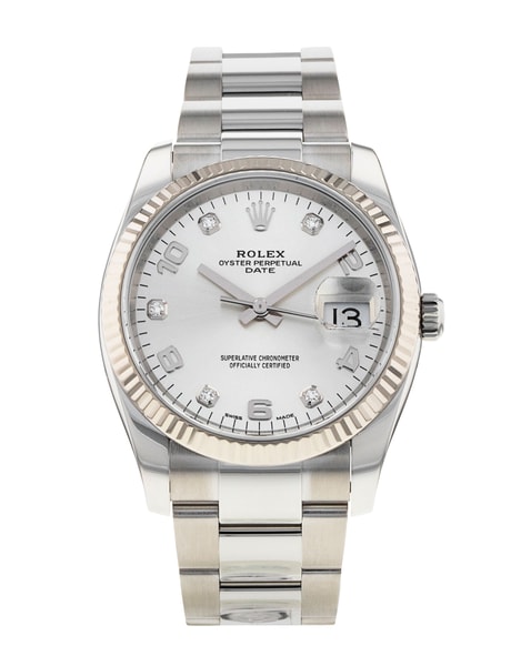 Rolex Oyster Perpetual Date Silver Arabic Diamond Dial