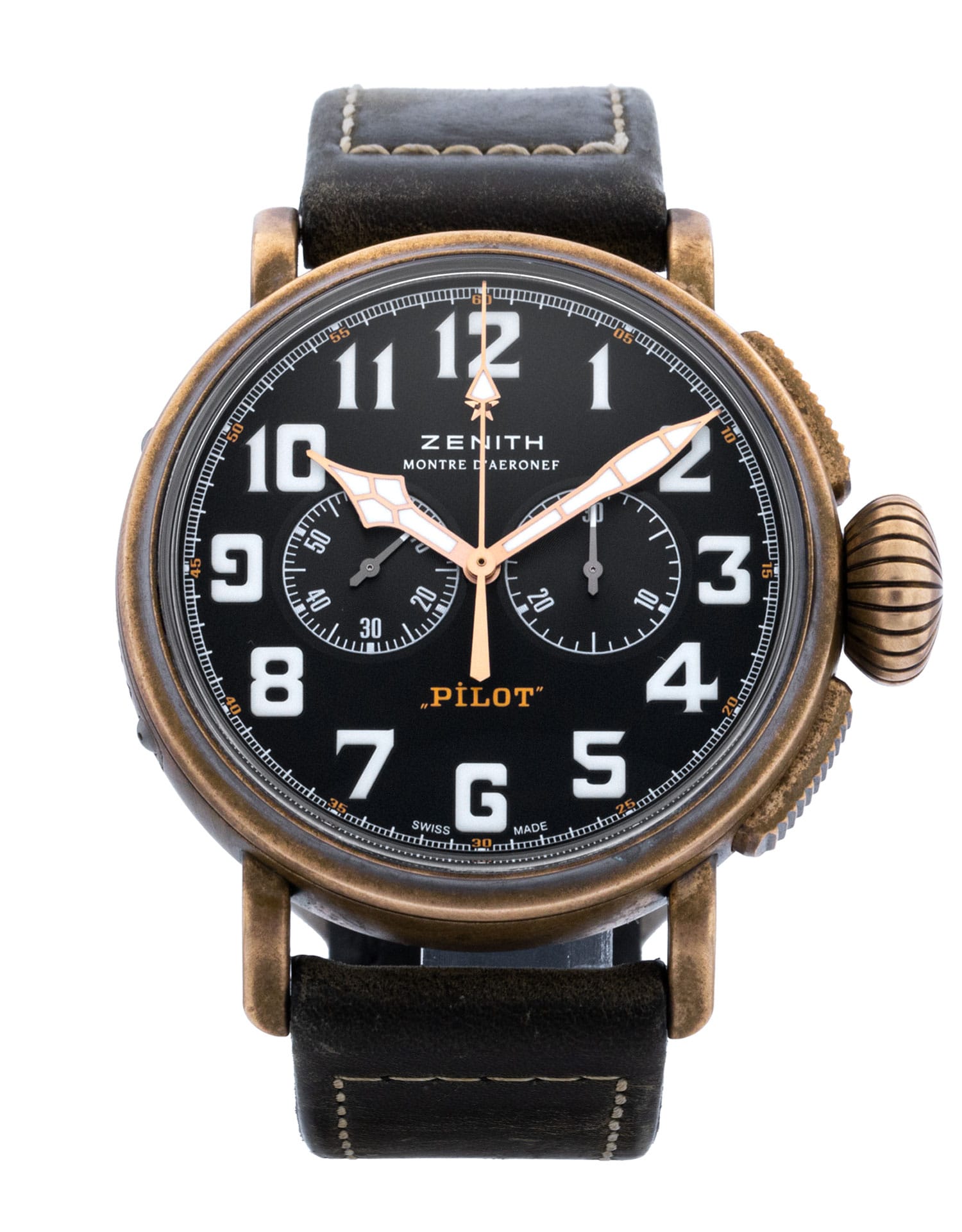 ブラビ Zenith Pilot - Black Arabic Dial & Leather Strap
