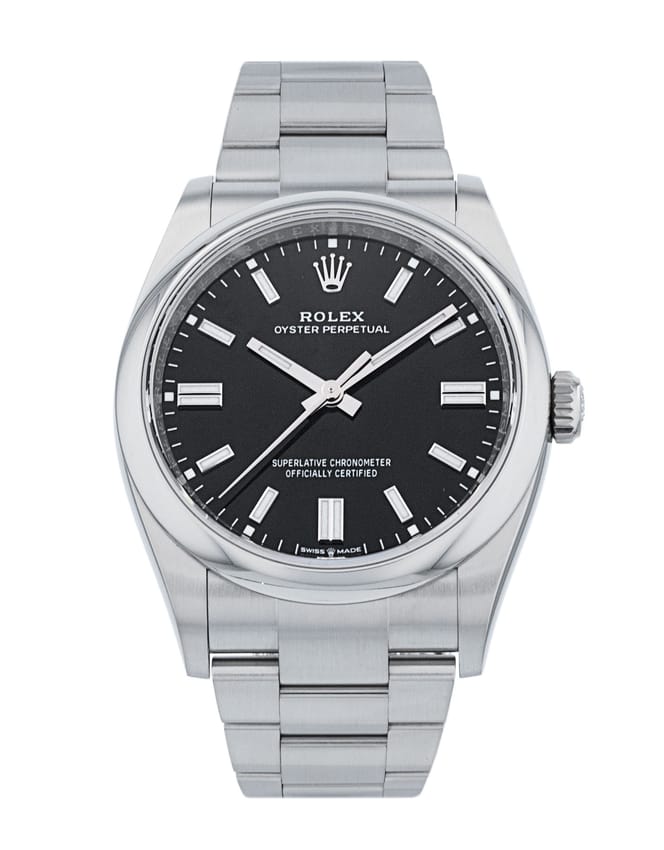 Rolex Oyster Perpetual - Black Baton Dial & Bracelet Strap