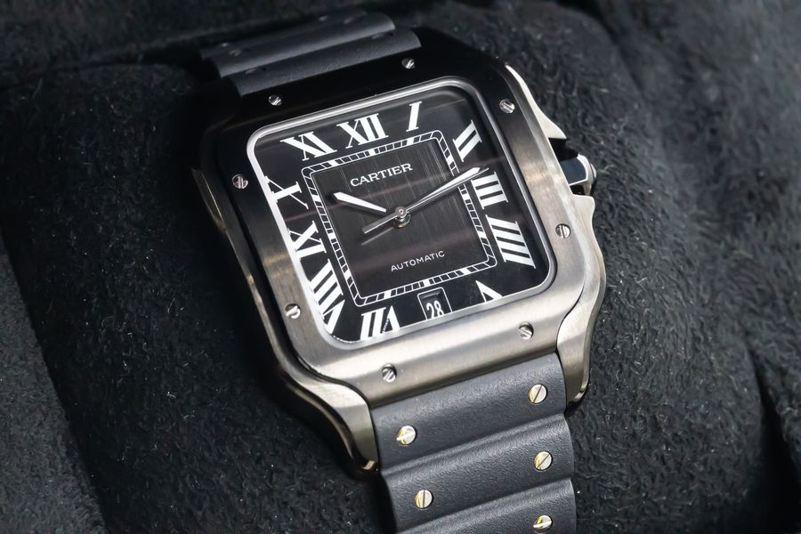Cartier Santos Black Roman Numeral Dial Rubber Strap