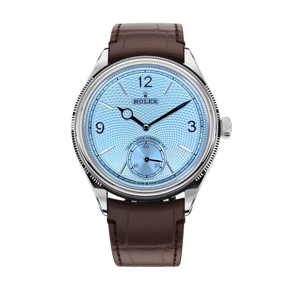 Rolex 1908 Ice Blue Quarter Arabic Dial Leather Strap